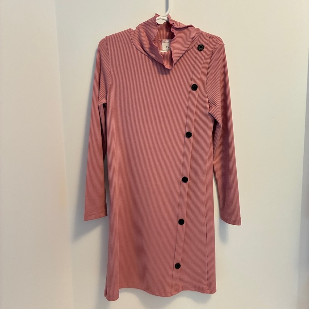 Girl's Turtleneck Rib Knit Decorative Buttons Dress Pink Green Set of 2 Size 7 - Picture 2 of 10